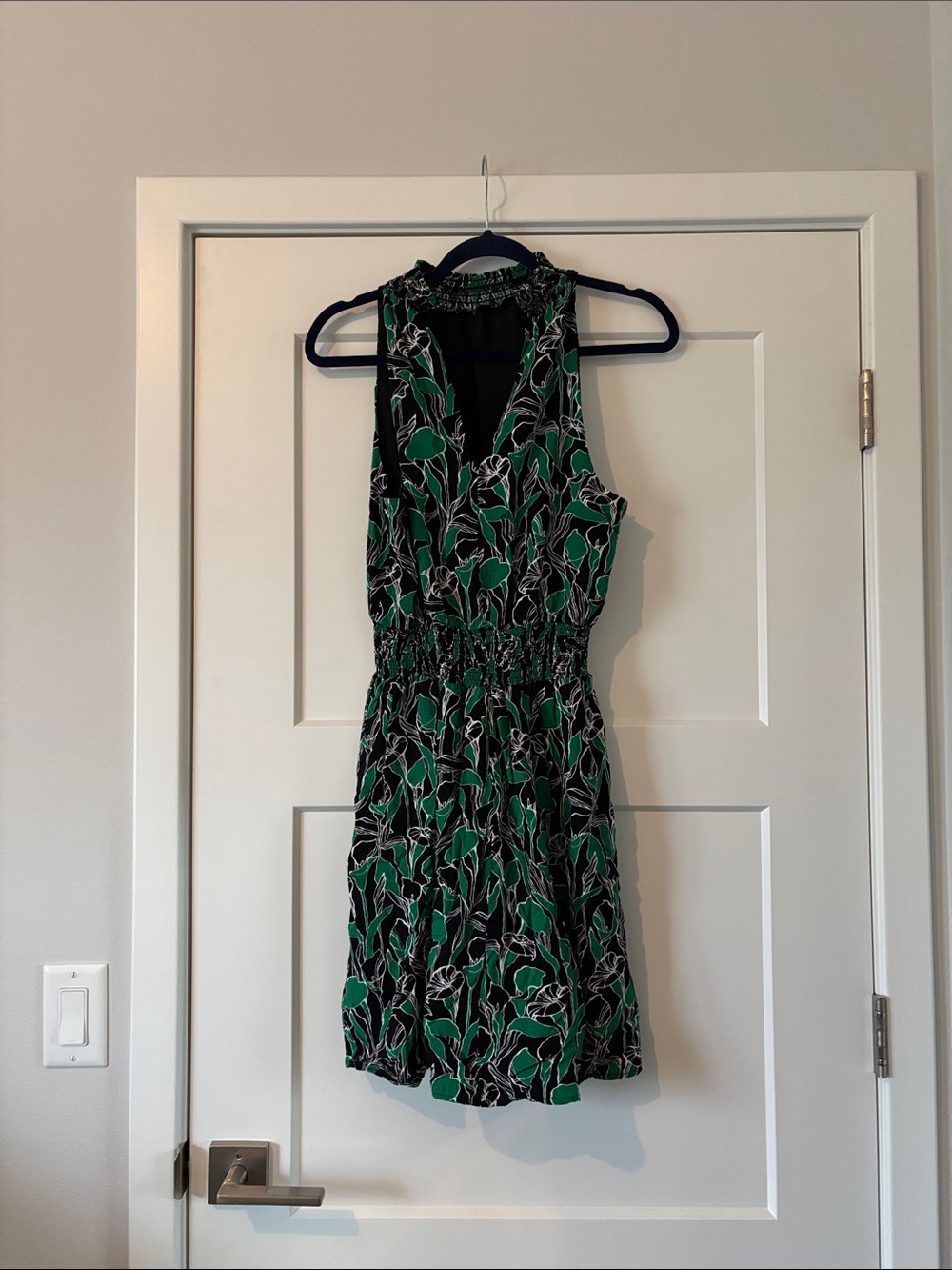 a new day Black Mini Dress with Green Leaf Print